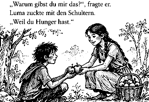 Zeichnung: Luma reicht Karu Äpfel aus ihrem Korb.