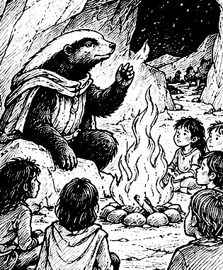 Zeichnung: der Honigdachs erzählt den Kindern am Feuer in der Höhle eine Geschichte.