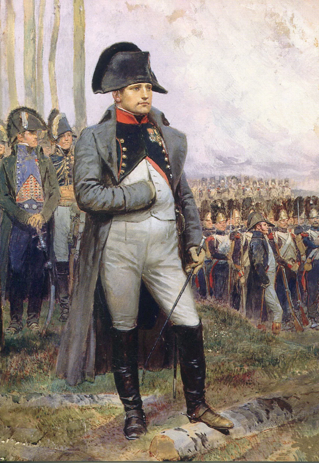 Gemälde: Napoleon im grauen Mantel mit Zweispitz, stehend, hinter ihm Soldaten der Garde