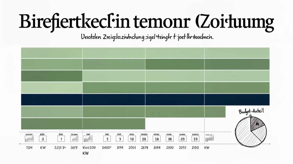 Stilisierte Zeitungs-Infografik eines Gantt-Diagramms mit Kalenderleiste und Budget-Kreisdiagramm (BOE-eigenes generiertes Bild)